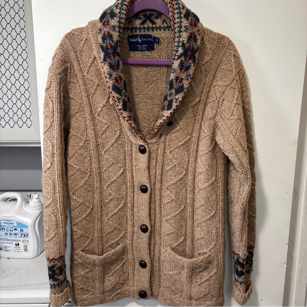 RALPH LAUREN 100% Wool Shawl Collar Hand Knit Cardigan Grandpa Sweater Sz S